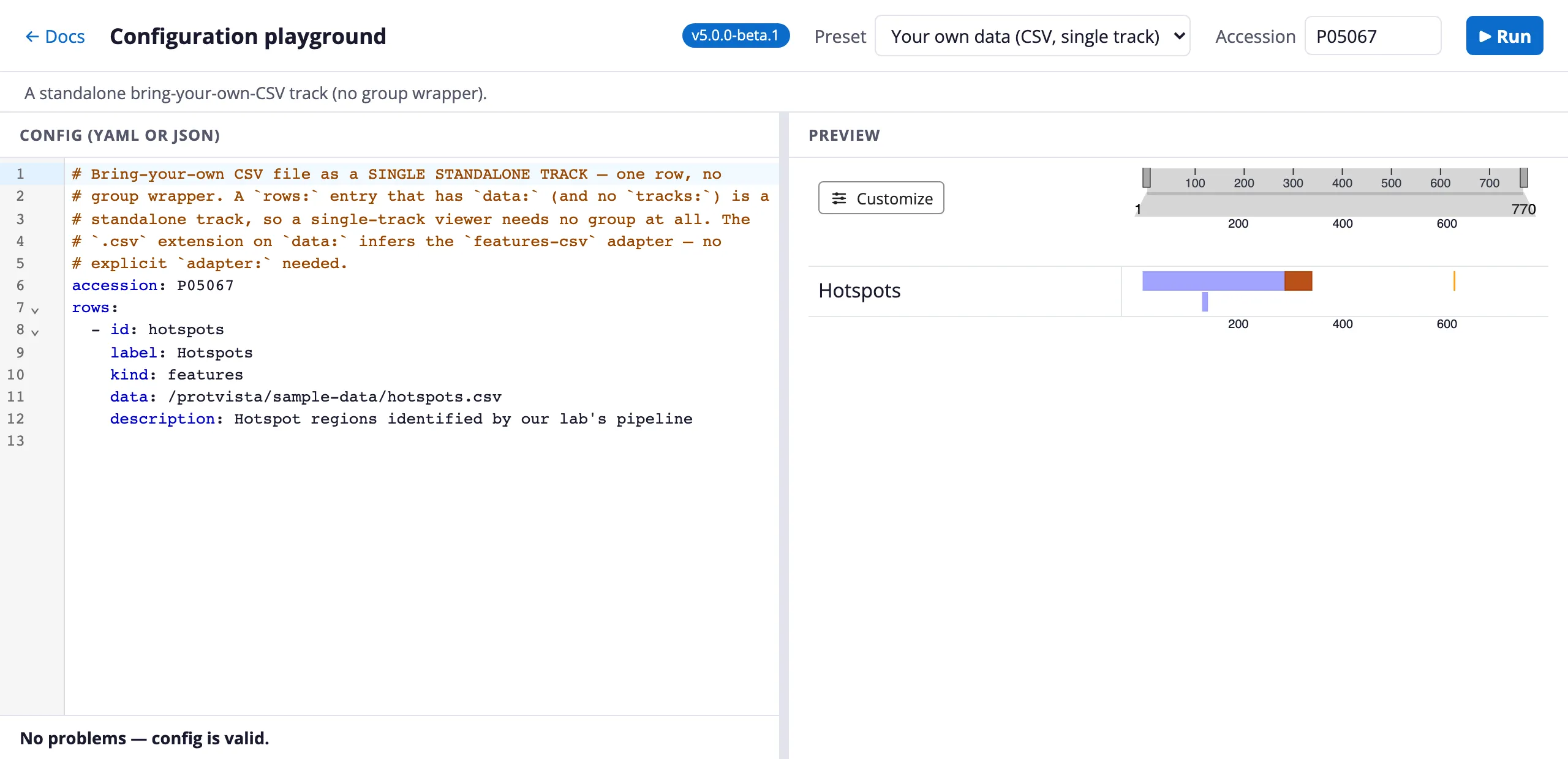 The ProtVista playground: a configuration editor on the left and a live protein viewer on the right, with preset and accession selectors along the top.