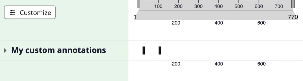A ProtVista viewer whose row labels are tinted pale green, showing a track of features supplied inline in the configuration.